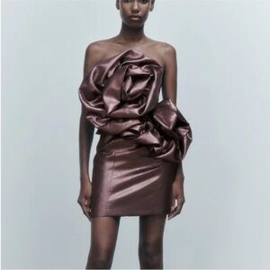 ZARA blogger favorite VOLUMINOUS FLOWER DRESS Metallic Bronze Mini Strappy Back